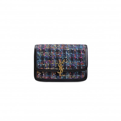 YSL SOLFERINO MEDIUM SATCHEL WOVEN WOOL SHOULDER BAG IN NERO&MULTICOLOR 634305245521 (23*16*6cm)